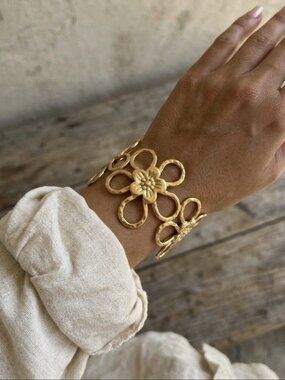 Gold Plated Stainless Steel Floral Cuff Bracelet | Chunky Flower Open Bangle